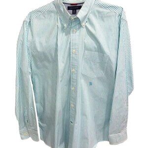 Tommy Hilfiger Mens XL Turquoise & White Striped Long-Sleeve Button-Up Shirt